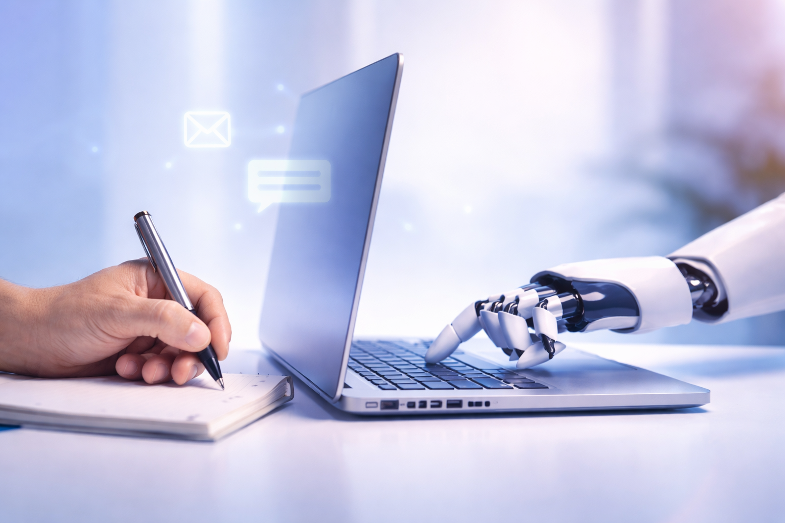Human hand writing notes alongside a robot hand typing on a laptop, symbolizing human-AI collaboration