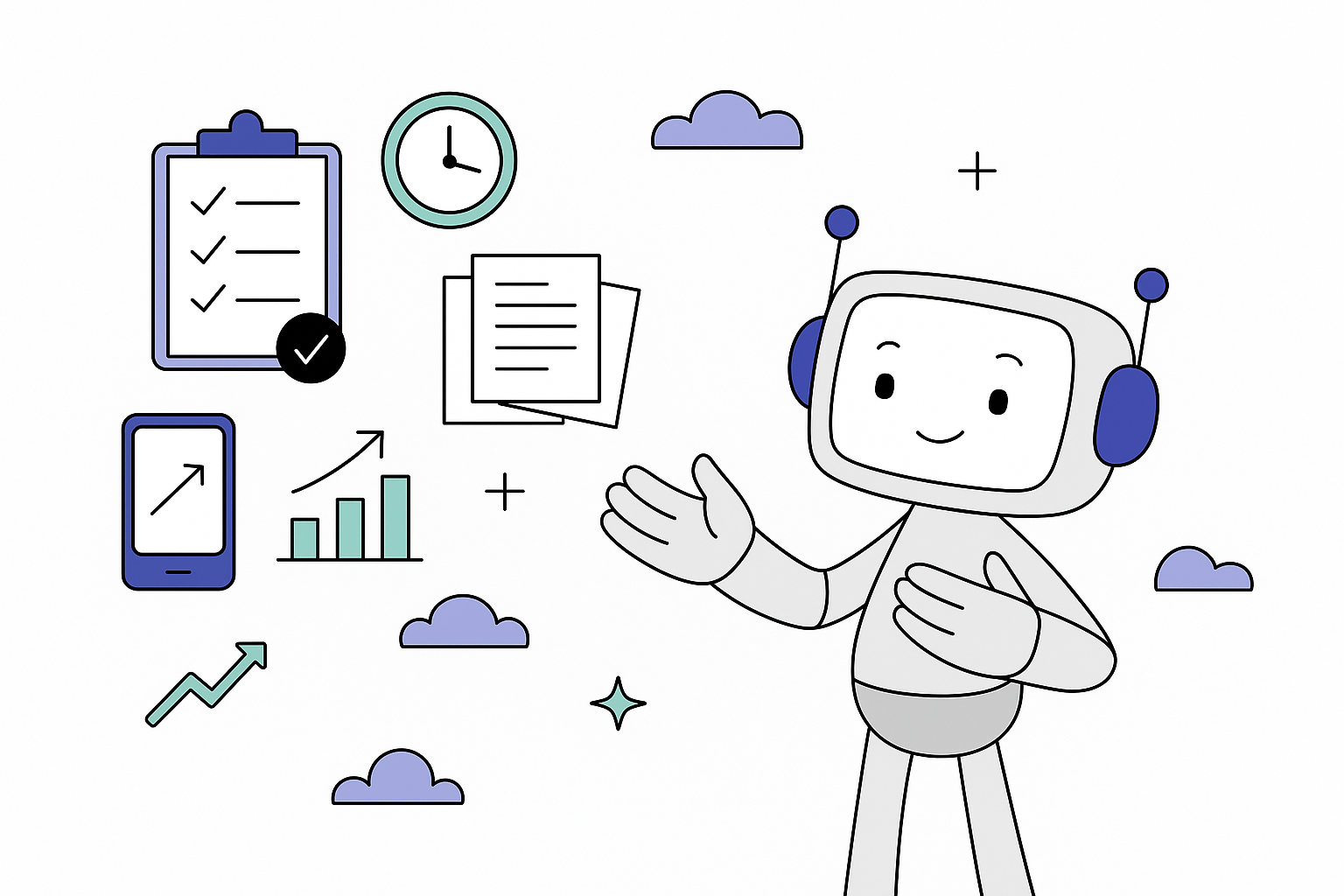 AI robot assistant surrounded by productivity icons including checklists, charts, and documents