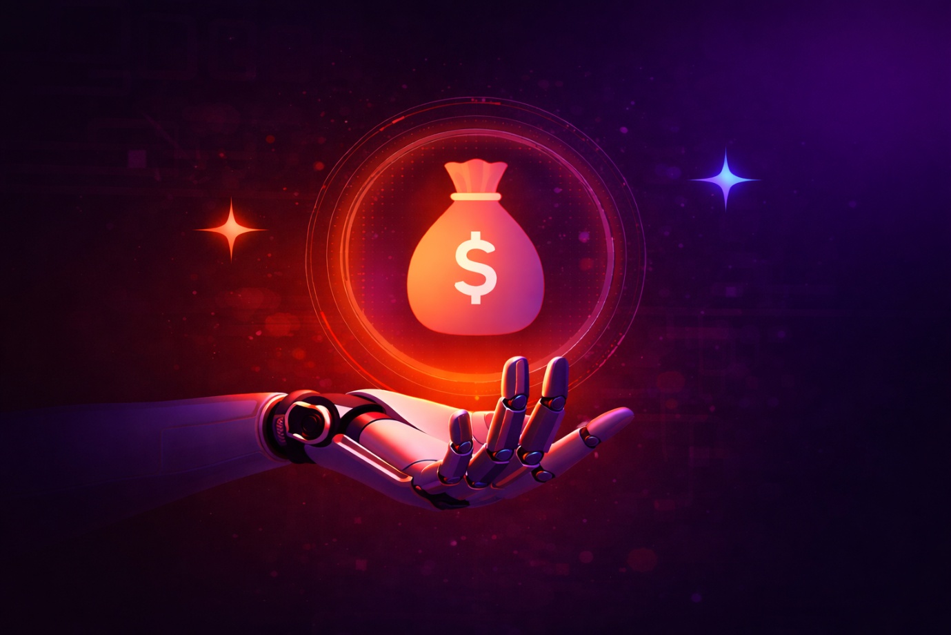 Robot hand holding a glowing money bag with dollar sign, symbolizing AI costs and investments